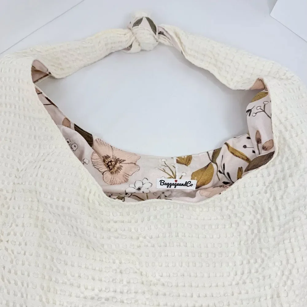 Baggagean and Co. Pink Floral Cream Waffle Knit Soft Reversible Fabric Hobo Bag